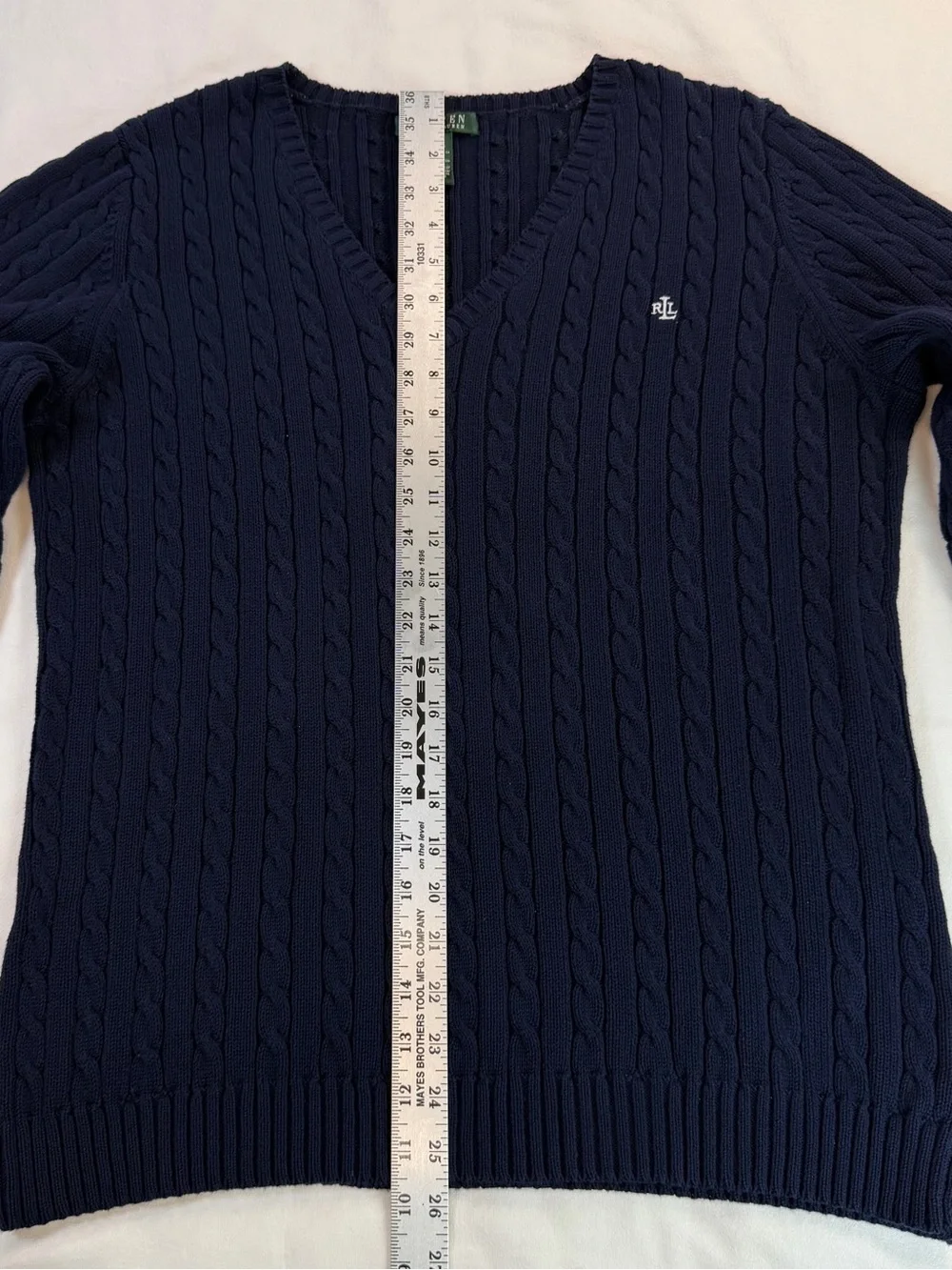 Lauren Ralph Lauren Navy Blue V-Neck Cable Knit Cotton Sweater XL - Picture 5 of 9